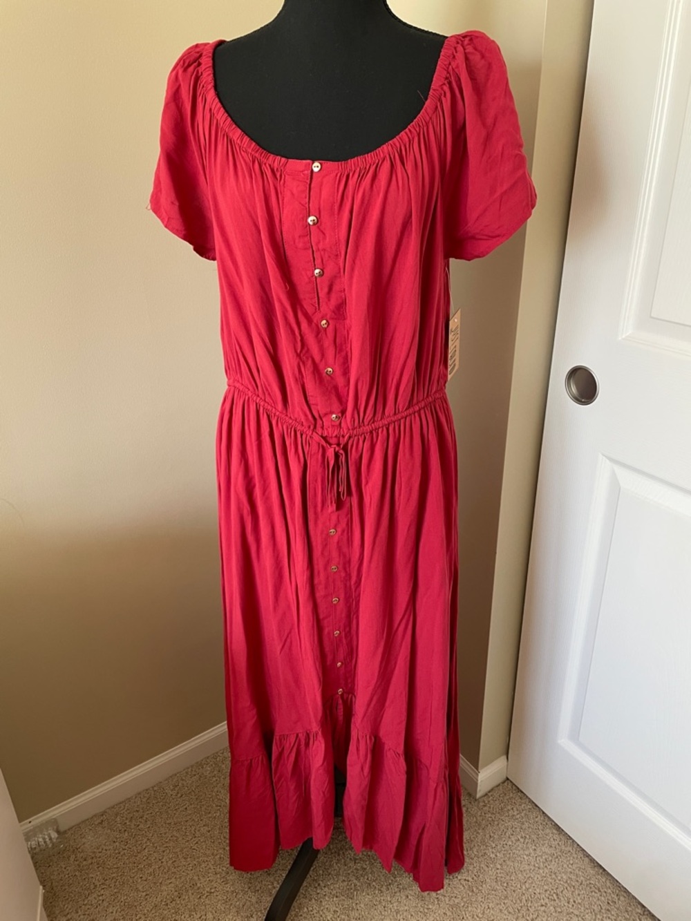 Drawstring Waist Red High Low Maxi Dress with Button Front
